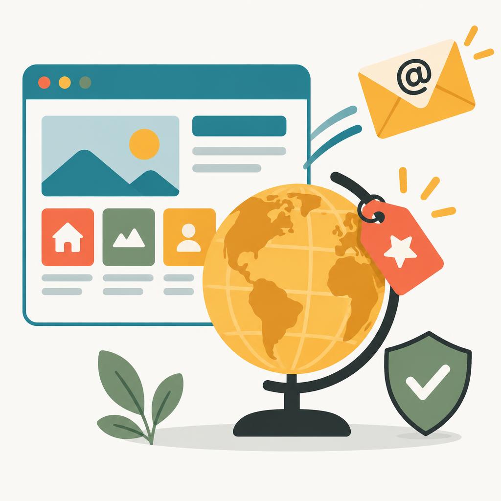 Illustration of a website, a globe with a name tag, and an email envelope