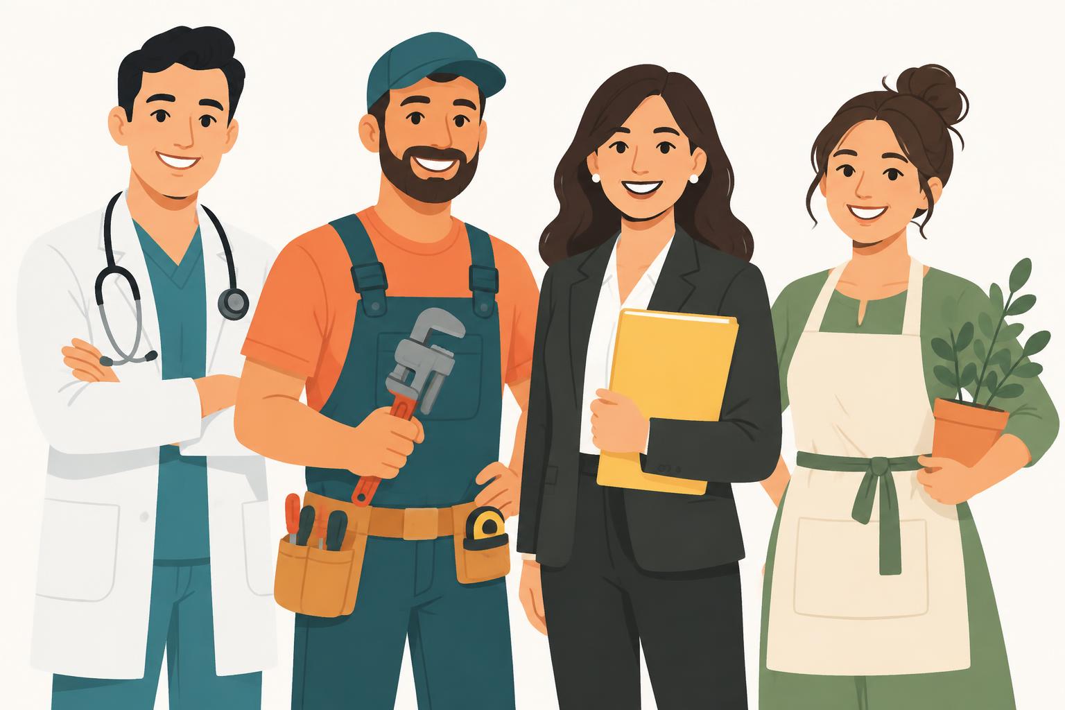 Illustration of a doctor, a plumber, an attorney, and a shop owner standing together